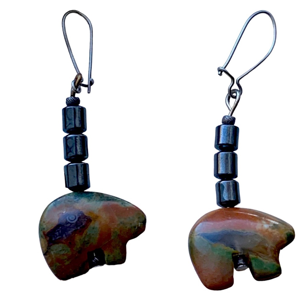 Bear Stone Earrings Hematite Green Jasper Stone Agate Pierced Earrings Jewelry